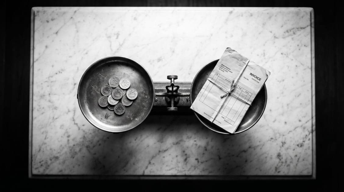 Brass balance scale with British pound coins on one side and a paper invoice on the other, illustrating UK AI automation cost trade-offs.