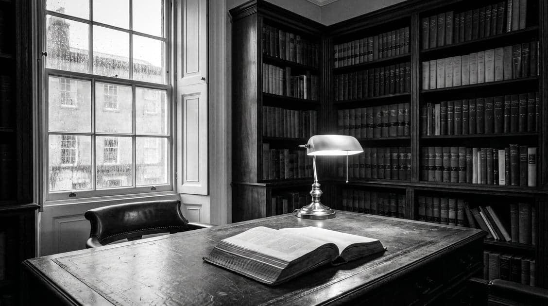 Small UK law firm library with open precedent book and brass desk lamp, illustrating AI for small UK law firms.