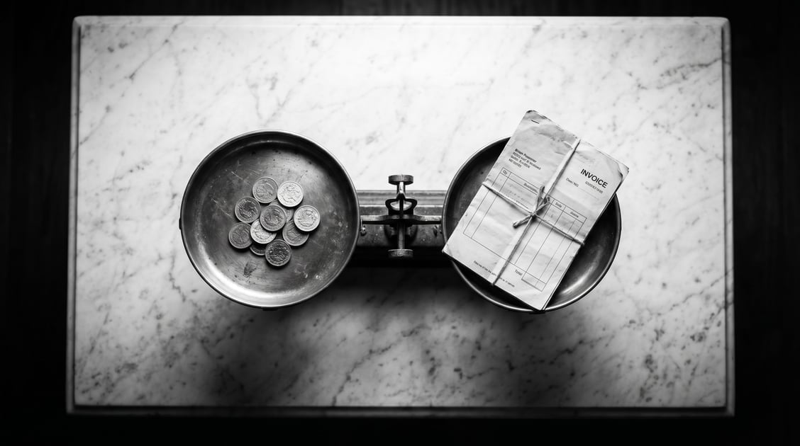 Brass balance scale with British pound coins on one side and a paper invoice on the other, illustrating UK AI automation cost trade-offs.