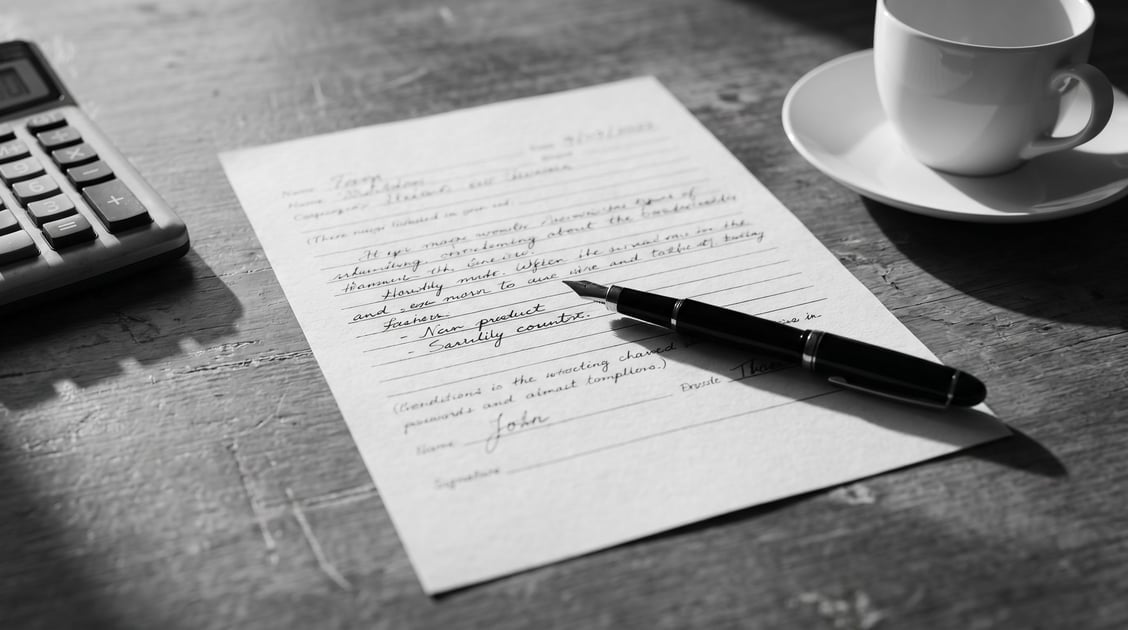 Paraplanner's desk with open fact-find form and fountain pen, illustrating AI for small UK IFA firms and wealth managers.